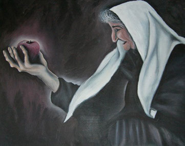 Oil panting by Hollie Miller. Old woman holding apple in her hand. Black background.